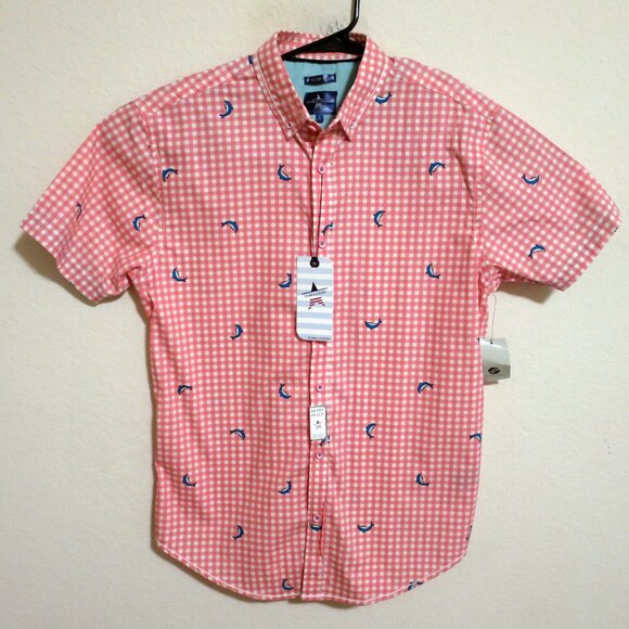 Stars & Stripes Shirt Mens Large New Short Sleeve Button Drill Clothing Pink - Picture 2 of 7